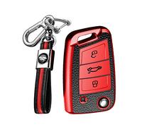 KUNIO Coque de clé de Voiture pour VW Golf 7 MK7 Passat Skoda Superb Kodiaq Fabia Octavia Seat Ibiza TPU Texture Cuir Porte-clés Rouge