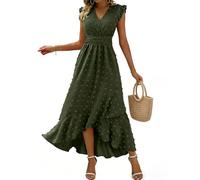 KUNJLELP Robe Femme Été Chic et Elegant Robes Casual Col V Manches à Volants Midi Robe Jupe Asymétrique à Imprimé Floral Robe de Soirée Cocktail,Vert 54,M