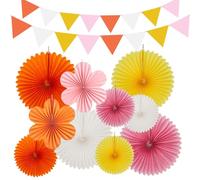 KunpengZen Decoration Fete Lot de 12 Fleurs Papier 16PCS Fanions, Festival Guirlande Décorations D'éventails en Papier Beige, Rose Clair, Orange Jaunes pour Anniversaires Mariages