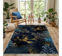 Kunsen Antidérapants Rectangle Tapis Bleu 100X200Cm Poils Ras Motif Floral Rétro pour Cuisine De Couloir en Plein Air