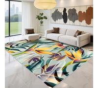 Kunsen Tapis De Chambre Ado Non Slip 150x200cm, Bleu Modèle de Feuille Jaune Vert Moderne pour Salon Salle à Manger