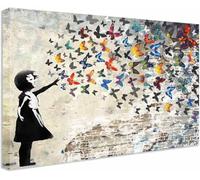 Kunstbruder Tableau mural Banksy Girl avec papillons beiges, entièrement prêt à accrocher, style graffiti de rue, image moderne sur toile, 60 x 80 cm