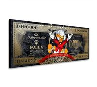 Kunstgestalten24 Dagobert Million Dollar Impression sur toile Pop Art avec motif d'argent et style Rolex - Décoration de luxe humoristique pour salon, bureau, chambre d'adolescent - 125 x 50 x 2 cm
