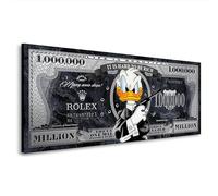 Kunstgestalten24 Donald Duck Bond Dollar Black Style Pop Art Impression sur toile - Décoration murale - Street Art - Tableaux de bande dessinée - Moderne - 125 x 50 x 4 cm