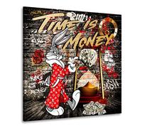 Kunstgestalten24 Impression sur toile Mr. Bunny Lapin Time is Money Bande dessinée Motivation Pop Art Tableau d'art moderne de qualité supérieure 120 x 120 x 4 cm