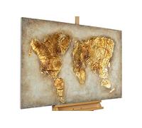 KunstLoft Tableau peinture moderne | 100% PEINT À LA MAIN | 120x80cm | Peinture sur toile 'Precious Planet' | Mappemonde | Or Beige | Deco murale salon