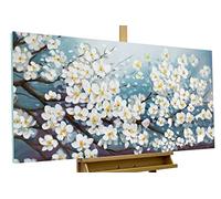 KunstLoft Tableau peinture moderne | 100% PEINT À LA MAIN | 140x70cm | Peinture sur toile 'Glamour en blanc' | Fleurs | Bleu Blanc | Deco murale salon