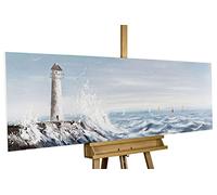 KunstLoft Tableau peinture moderne | 100% PEINT À LA MAIN | 150x50cm | Peinture sur toile 'Phare en vue' | Phare | Bleu Blanc | Deco murale salon