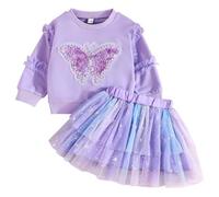 Kunyeah 2 pièces Sweat-Shirt pour bébé Fille Robe Tutu Pull à Manches Longues avec Jupe en Tulle pour Tout-Petits Motif Papillon Tenue Mignonne à Manches Longues