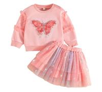 Kunyeah 2 pièces Sweat-Shirt pour bébé Fille Robe Tutu Pull à Manches Longues avec Jupe en Tulle pour Tout-Petits Motif Papillon Tenue Mignonne à Manches Longues