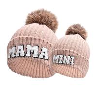 Kunyeah 2PCS Bonnets Parent-Enfant Femmes en Tricot avec Broderie Chapeau Maman Et Bébé Assortis Chapeaux d'hiver Chauds avec Pom-Pom, Rose, Taille Unique