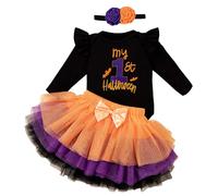 Kunyeah 3Pcs Première tenue d'Halloween pour bébé fille Robe Romper pour bébé Jupe Tutu avec nœud et bandeau Body pour nouveau-né Thanksgiving (My First, 12-18Mois)
