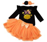 Kunyeah 3Pcs Première tenue d'Halloween pour bébé fille Robe Romper pour bébé Jupe Tutu avec nœud et bandeau Body pour nouveau-né Thanksgiving (Orange, 6-9Mois)