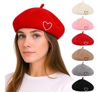 Kunyeah - Béret en Laine pour Femme - Style français - Bonnet Doux brodé en Forme de cœur - Bonnet Chaud pour Maman et Fille - Chapeaux Assortis