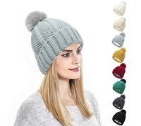 Kunyeah Bonnet d'hiver tricoté avec pompon - Bonnet chaud doublé de soie en satin de couleur unie pour femmes et filles, gris clair, Taille unique
