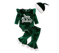 Kunyeah Ensemble de Noël 3PCS pour bébé fille Mes premiers vêtements de Noël Chandail de velours pour bébé + Pantalon à clochettes + Chapeau de Noël (Vert, 18-24 mois)