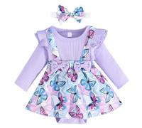 Kunyeah Ensemble de vêtements pour bébé fille Body à côtes pour bébé Robe chasuble à manches longues imprimée papillon Jupe pour nouveau-né avec bandeau (Pourpre, 0-3 Mois)