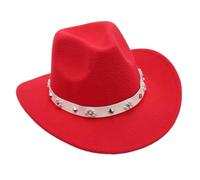 KUNYOS Chapeau de cowboy for femme, style Panama en feutre vintage, style cowboy western classique, chapeau à bord incurvé parsemé de diamants(Red)