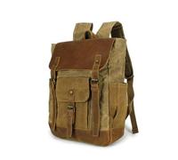 KUNYOS Sac À Dos Rétro En Toile Cirée Et Cuir De Cheval Fou, Grande Capacité, 16,5" Pour Ordinateur. Unisexe, Multi-poches : Voyage, Rando, Camping, École, Étudiants(Khaki)