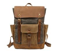 KUNYOS Sac À Dos Rétro En Toile Cirée Et Cuir De Cheval Fou, Grande Capacité, 16,5" Pour Ordinateur. Unisexe, Multi-poches : Voyage, Rando, Camping, École, Étudiants(Army green)