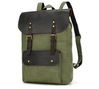 KUNYOS Toile Cirée Rétro Vieillie Avec Sac À Dos À Clapet En Cuir De Cheval Fou, Résistant À L'usure Et Hydrofuge, Peut Contenir Un Ordinateur De 14 Pouces, Rangement Multicouche(Green1)