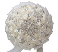 KUNYOS Wedding Bridal Bouquet, Hand-Made Simulated Satin Roses, Sparkling Accessories and Pearl Beads, Wedding Photo Shoot(Cream)