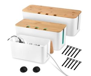 KUOFANY Lot de 3 Boîte de Rangement de Câbles, Boîte de Gestion des Câbles avec Couvercle en Bambou, Multiprise, Cache-Câble Electrique, Boîte à Câbles pour Cacher Les Câbles (3 Tailles)