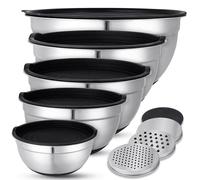 KUOGAS Lot de 5 Saladiers Avec Couvercle,cul de Poule Inox,3 Râpes, grand Saladier Inox AntidéRapant avec Couvercle, Empilable, Protection anti-éClaboussures, Passe au Lave-Vaisselle