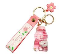 KUPOOL Porte-clés créatif flottant Fleurs de cerisier Lapin Porte-clés Huile liquide Lapin Cœur en mouvement Tasse de thé au lait Porte-clés Sable mouvant Chaîne de clés Cadeau, Rose (ZRX-SY11)