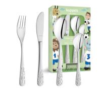 Kuppels Couverts pour enfants à partir de 4 ans - 4 pièces - En acier inoxydable gaufré - Pour les petites mains des enfants - Couteau, fourchette, cuillère et cuillère à café avec motifs football