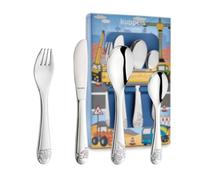 Kuppels Véhicules de chantier, couverts pour enfants, set de 4 pièces dans une boîte cadeau - à partir de 4 ans - acier inoxydable 18/10 - fourchette et couteau pour enfants, cuillère et cuillère à