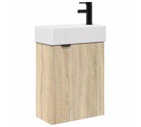 KUPTYERFG Lavabo avec meuble bas et robinet en chêne Sonoma 4 pièces | Armoire de salle de bain compacte en chêne Sonoma avec lavabo en céramique et mitigeur noir pour toilettes d'invités et