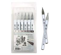 Kuretake ZIG Clean Color Real Brush Cool Grey set, Lot de 6 marqueurs pinceaux de couleur véritable avec pointes pinceau flexibles pour peinture