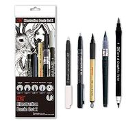 Kuretake Zig Inktober Set spécial Illustration Basic Set n°2, 4 marqueurs noirs et 1 stylo pinceau blanc, pour dessin manga, lettrage et calligraphie, qualité artistique professionnelle, fabriqué au
