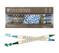 Kuretake Zig Lot de 3 marqueurs de calligraphie à double pointe Bleu vert 2 mm 5 mm Double pointe pour art, croquis, illustration, calligraphie, journal, dessin Fabriqué au Japon