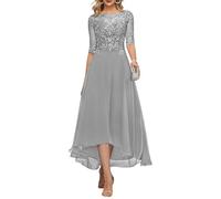KURFACE Dentelle Applique thé longueur mère de la mariée robes pour mariage avec manches longues en mousseline de soie robe de soirée formelle, Argenté., 44