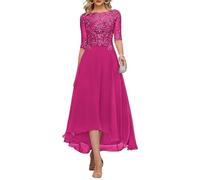 KURFACE Dentelle Applique thé longueur mère de la mariée robes pour mariage avec manches longues en mousseline de soie robe de soirée formelle, rose vif, 38