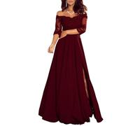 KURFACE Épaules dénudées en dentelle appliques en mousseline de soie Robe de mère de la mariée avec manches fendues longue robe de soirée formelle, bordeaux, 38