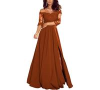 KURFACE Épaules dénudées en dentelle appliques en mousseline de soie Robe de mère de la mariée avec manches fendues longue robe de soirée formelle, orange brûlé, 46