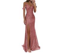 KURFACE Robe de bal à paillettes scintillantes pour femme avec fente et épaules dénudées, robe de soirée formelle sirène, vieux rose, 34