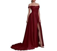 KURFACE Robe de bal en satin à épaules dénudées pour femme avec traîne fendue, élégante robe de bal trapèze, bordeaux, 52 plus
