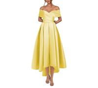 KURFACE Robe de bal en satin plissé pour femme, robe de bal courte trapèze, jaune, 42