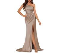 KURFACE Robe de bal longue en satin avec fente plissée sans manches pour femme, taupe, 42