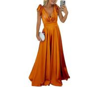 KURFACE Robe de bal longue plissée en satin avec col en V pour femme, Orange, 38
