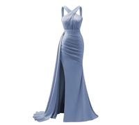 KURFACE Robe de bal longue sirène en satin avec fente plissée et croisée dans le dos pour femme, Bleu poudré, 38
