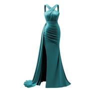 KURFACE Robe de bal longue sirène en satin avec fente plissée et croisée dans le dos pour femme, bleu sarcelle, 54 Grande taille