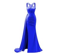 KURFACE Robe de bal longue sirène en satin avec fente plissée et croisée dans le dos pour femme, bleu marine, 44