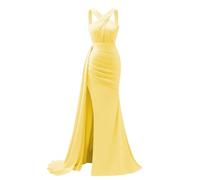 KURFACE Robe de bal longue sirène en satin avec fente plissée et croisée dans le dos pour femme, jaune, 46