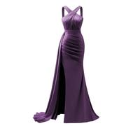 KURFACE Robe de bal longue sirène en satin avec fente plissée et croisée dans le dos pour femme, prune, 42