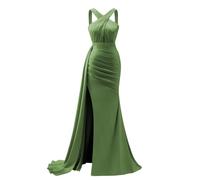 KURFACE Robe de bal longue sirène en satin avec fente plissée et croisée dans le dos pour femme, vert olive, 42